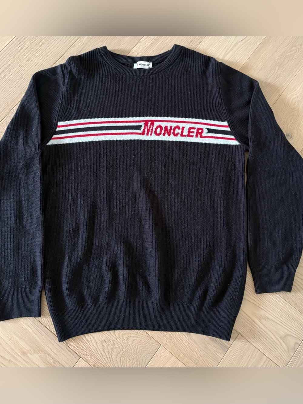 MONCLER Maglione Tricot Girocollo Stripe Logo Cardigan Pullover Sweater Black - Picture 1 of 10